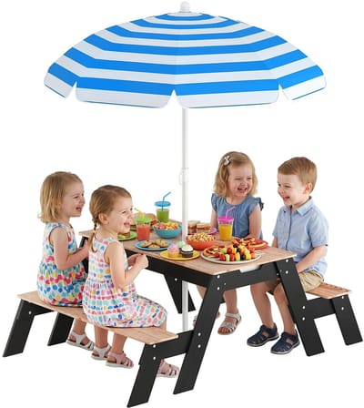 AIYAPLAY Kindertuinset met tafel en stoelen - Vurenhout, staal - 113 x 95 x 160 cm - Natuurlijke houtafwerking