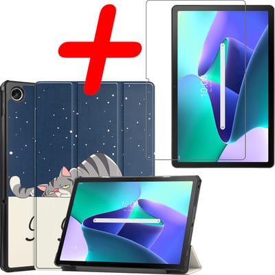 Hoesje Geschikt voor Lenovo Tab M10 Plus (3e / 3rd Generatie) - Met Screenprotector - Trifold Bookcase - Hard Cover - Hardcover Book Case - Tablet Hoes - Kat
