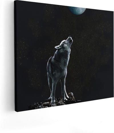 Artaza Canvas Schilderij Huilende Wolf - 50x40 cm - Wanddecoratie Nacht - Muurdecoratie Dierenkop - Kamer Accessoires