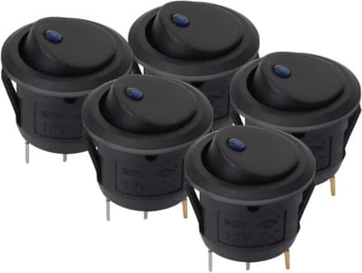 TLVX 5 stuks Schakelaar Rond Zwart met Blauw lampje – LED indicator - Wipschakelaar - Aan/Uit – Tuimelschakelaar – Blauwe LED lamp – Inbouwschakelaar - ON/OFF schakelaar – 12Volt – Max. 20A – 21mm Diameter – Auto – Boot – Caravan – Camper