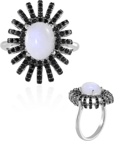 Cavill - Elegant verstelbare ring - 925 Sterling zilver - Platina verguld - 2,88 ct regenboog maansteen & 1,31 ct zwarte spinel - Luxe dames sieraad