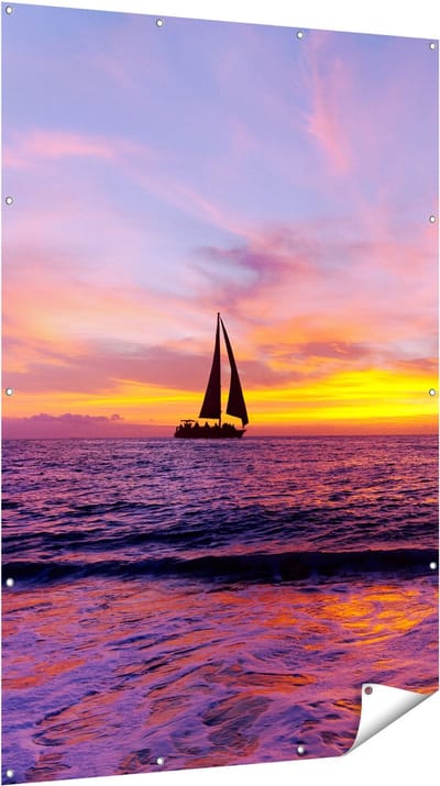 Gards Tuinposter Zeilboot Silhouet bij Zonsondergang - 120x180 cm - Tuindoek - Tuindecoratie - Wanddecoratie buiten - Tuinschilderij