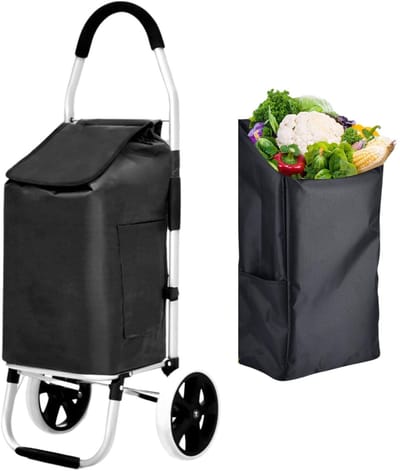 43,5 liter aluminium trolley winkelwagen inklapbaar, winkeltrolley, waterafstotende boodschappenwagen opvouwbaar, boodschappentas met 2 wielen, boodschappenmand op wielen, groot - zwart