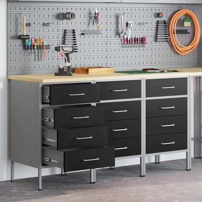 vidaXL - Werk - Cabinet - met - lade - 3 - st - Zwart - en - Grijs - 150 - x - 55 - x - 85 - cm