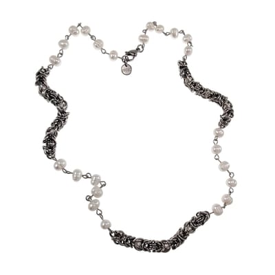 esde2 Ketting Unisex - RVS Byzantijnse Schakelketting met Zoetwaterparels - 59 cm