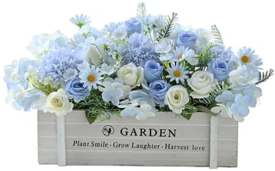 Dailygoods- Kunstbloemen Rustiek Arrangement - Houten Pot - Rozen/Hortensia - Bruiloft/Feest - Eetkamer/Woonkamer - 1 Stuk - Nepplant
