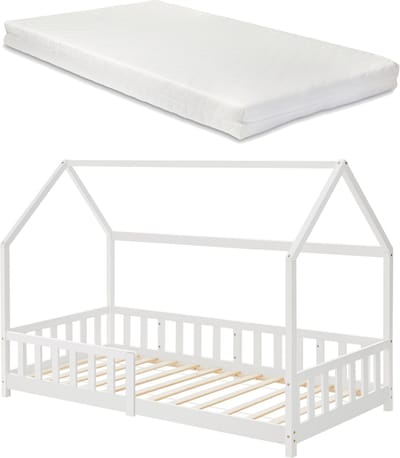Kinderbed Hesel huisbed met matras en uitvalbeveiliging 90x200 cm wit [en.casa] [neu.haus]
