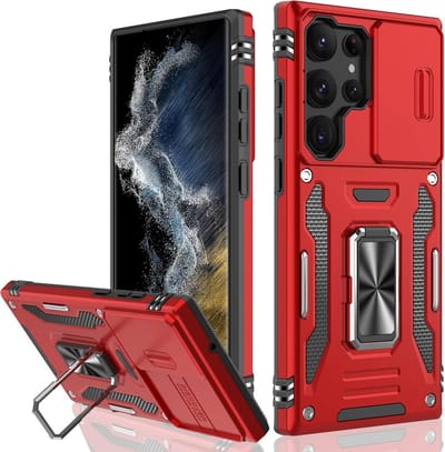 Podec Hoesje Geschikt voor Samsung Galaxy S23 Ultra Rood Telefoonhoesje - Anti-Shock Case Cover Hybrid Armor Hoes met Kickstand Ring met Screenprotector