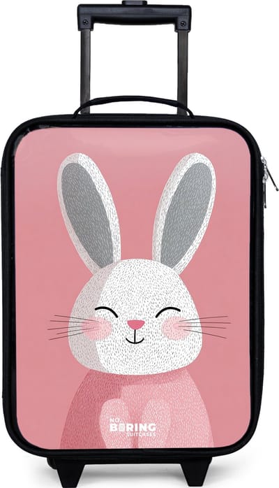 NoBoringSuitcases.com® - Kinderkoffer jongen - Kindertrolley meisje - Roze - Konijn - Glimlach - Illustratie - Koffer kind lichtgewicht - Reiskoffer trolley voor kinderen - Koffertje met lichtgevende wieltjes - Rolkoffer zwart