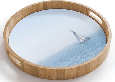 Dienblad rond 40x40 cm - Schootdienblad hout - Horizon - Zeilboot - Zee - Borrelplank rechthoek - Plateau houten dienbladen