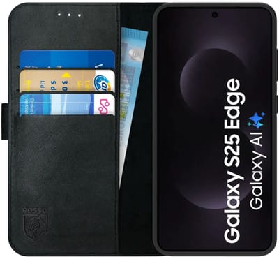 Rosso Deluxe Echt Leer Hoesje Geschikt voor Samsung Galaxy S25 Edge | Ruimte voor drie pasjes | Portemonnee Book Case | Met Pasjeshouder | Zwart