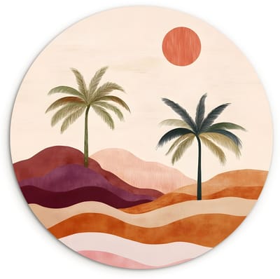 WallCircle® Wandcirkel 120x120 cm - Muurcirkel Palmbomen - Abstract - Zon - Heuvels - Muurdecoratie woonkamer - Wanddecoratie slaapkamer - Kamer decoratie accessoires - Ronde schilderijen XXL