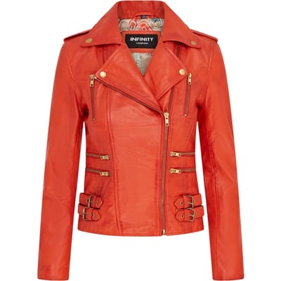 Dames leren oranje Brando bikerjack - Loddon
