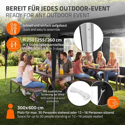 ECD Germany | Waterdichte pop-up paviljoen met 6 zijwanden, 3x6 m, polyester Oxford-stof, zwart, opvouwbare paviljoen, tuinpaviljoen, tuentent, feesttent