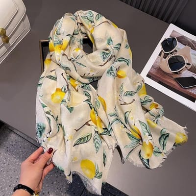 Écharpe Florale Citronnier Mode Viscose Douce Châle Bohème Chic à Franges Fines pour Femme Parfaite Pour le Voyage & Quotidien Hijab Musulman gray