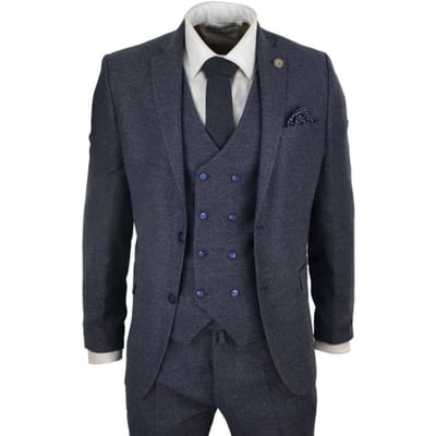 Heren blauwe wol 3-delig pak Double Breasted gilet Tweed Peaky Blinders jaren 1920