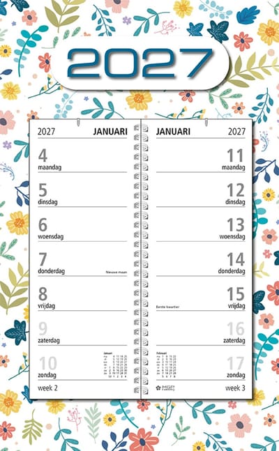 MGPcards - Omlegweekkalender 2027 - Week begint op maandag - 21 x 34 cm - Wit - Bloemen