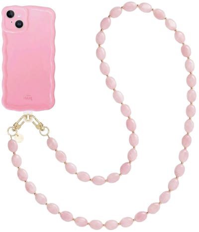 xoxo Wildhearts Glossy Wavy Case Bubble Blush - Ocean Blush (lang koord) - geschikt voor iPhone 15 - hoesje met telefoonkoord - afneembaar koord - Kralenketting - lang telefoonkoord - hoesje met golven - Roze