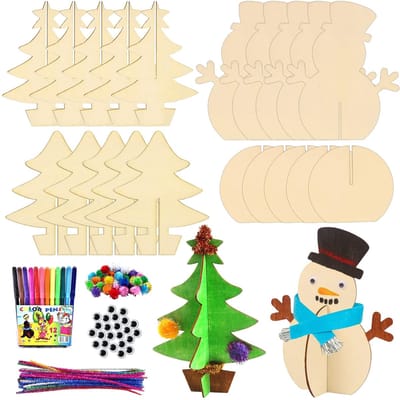 Dailygoods- Kerstboomknutselset 10 stuks - 3D Kerstboom - Houten Sneeuwmannen - Kleurpotloden - DIY Pompoms - Creatieve Decoratie - Knutselset