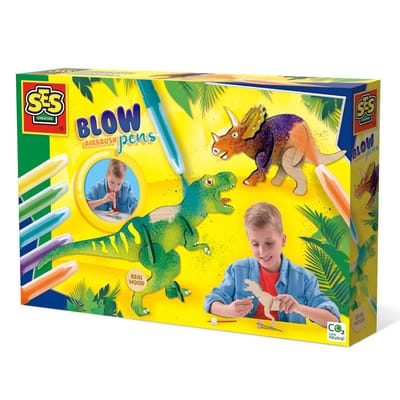 SES - Blow airbrush pens - Dino's - 5 stuks - blaasstift - goed uitwasbaar - inclusief dino onderdelen, lijm, penseel en stickers - knutselen jongens - Dinosaurus Speelgoed