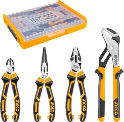 Set van 4 Professionele Tangen: Punttang, Zijkniptang, Combinatietang en Pomptang in Opbergdoos