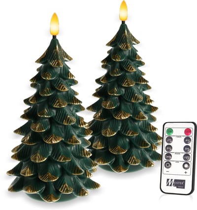 Meisterhome® LED Kaarsen Kerstboom – 2-delige Set – Echte wax - met Flikkerend Licht – Timer & Afstandsbediening – Warm Wit – Batterij – 12×12×19 cm