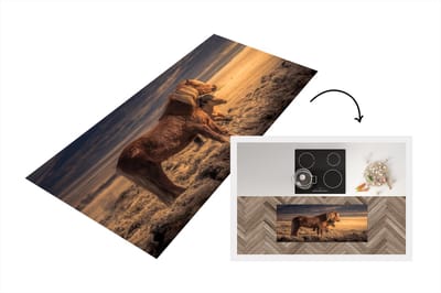 Keukenloper - Loper keuken - Twee IJslander paarden bij zonsondergang - 120x50 cm - Keukenloper vinyl