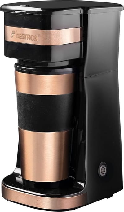 Koffiezetapparaat met Thermoskan – Met Beker – Koffiemaker – Koffiecups – Perfect voor Onderweg – Roestvrij Staal – Nieuw Design – 750W – Koper