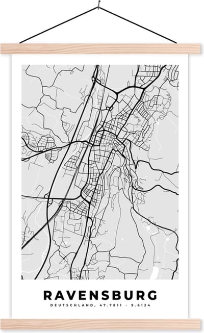 Posterhanger incl. Poster 40x60 cm - Schoolplaat - Plattegrond - Duitsland - Ravenburg - Kaart - Stadskaart - Textielposter - Blanke latten - Stadskaart