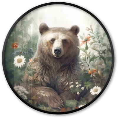 Poster in lijst Rond - Fotolijst 60x60 cm - Posters - Bruine beer - Wilde dieren - Bloemen - Planten - Ronde posterlijst zwart - Decoratie - Wanddecoratie woonkamer - Muurdecoratie slaapkamer