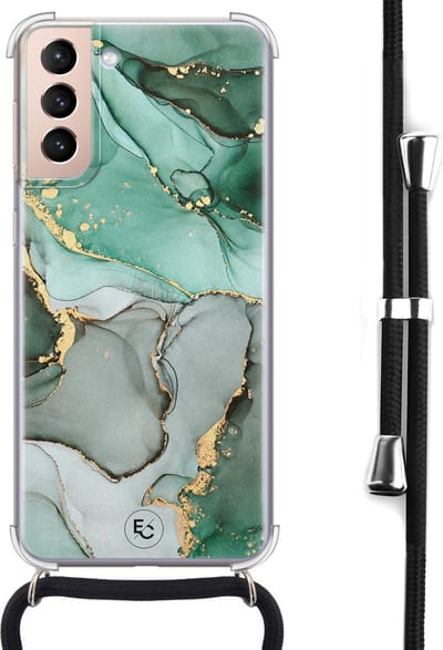 Hoesje met koord geschikt voor Samsung Galaxy S21 - Marble Design - Inclusief koord - Crossbody beschermhoes - Transparant, Groen - ELLECHIQ