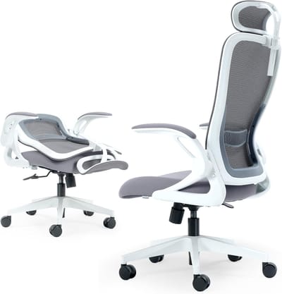 Opvouwbare Bureaustoel - Compact Werkstoel - Thuiswerken Studeren - Ergonomisch Mesh Ontwerp - 20 Min Montage - Wit Grijs