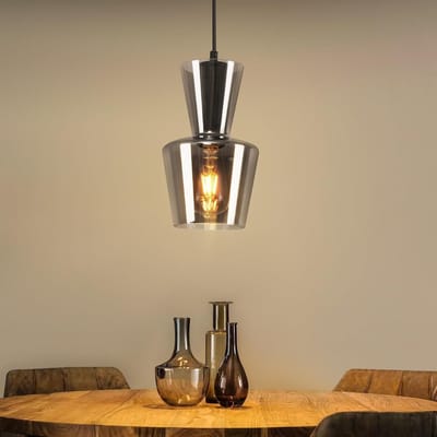 Glitzerlife - Hanglampen - 1xE27 - Retro Vintage design - Hoogte verstelbaar - Handgebrand rauchgrijs glas - Ø15cm - Zwart ijzer - eetkamer woonkamer verstelbaar