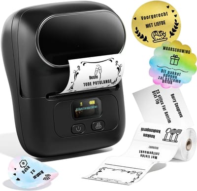 Aurixi® Draadloze Bonprinter – Kassabonprinter – Labelprinter – Kassa Printer – Verzendlabel Printer – Bon Printer – Bluetooth voor Iphone en Android – met 1 Etiketrol - Zwart - 9cm x 12cm x 7cm