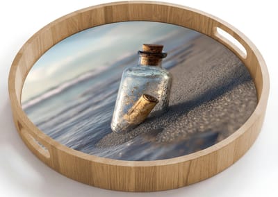 Dienblad rond 40x40 cm - Schootdienblad hout - Glazenfles - Post - Zee - Zand - Borrelplank rechthoek - Plateau houten dienbladen
