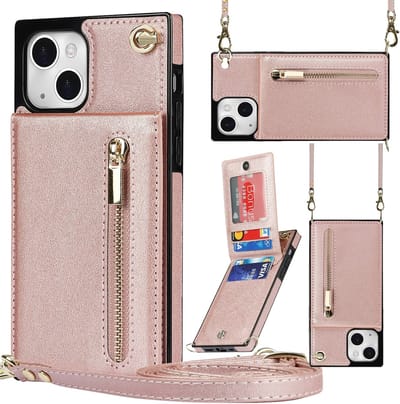 Multimedia & Accessoires Stijlvolle Leren Fashion Backcover Case Hoesje met Koord, Stand Ritsvak en Pasjeshouders geschikt voor Apple iPhone 15 - Rosegoud