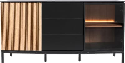 Zenzee Thora- Dressoir - Vitrinekast - 2 deuren – 3 lades - Met glas - Met LED verlichting - Natuur Zwart