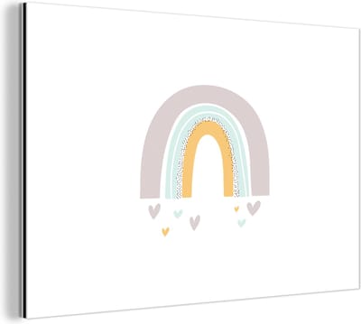 Wanddecoratie Metaal - Aluminium Schilderij Industrieel - Regenboog - Hartjes - Meisjes - Jongens - Pastel - 30x20 cm - Dibond - Foto op aluminium - Industriële muurdecoratie - Voor de woonkamer/slaapkamer