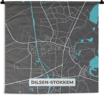 Wandkleed - Wanddoek - België – Dilsen Stokkem – Stadskaart – Kaart – Blauw – Plattegrond - 180x180 cm - Wandtapijt