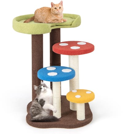 COSTWAY Krabpaal in paddenstoellook, 5 verdiepingen tellende kattenboom met 3 sisalpalen, klimboom klein van teddystof, kattenmeubel, klimboom, kattenkrabpaal, hout, 60 x 65 x 94 cm, kleurrijk