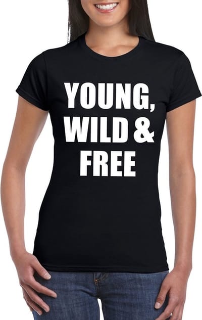 Young, wild and free tekst t-shirt zwart dames S