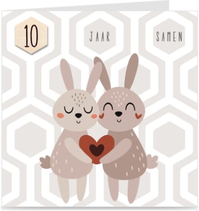 10 JAAR SAMEN | kaart / wenskaart met envelop | KONIJNTJES | voor relatie / partners / koppel