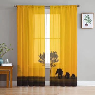 Groep Olifant Tule Gordijnen voor Woonkamer Slaapkamer Raam Doorzichtig Gordijn Keuken Balkon Voile Gordijnen 135W x 114H(cm) yellow