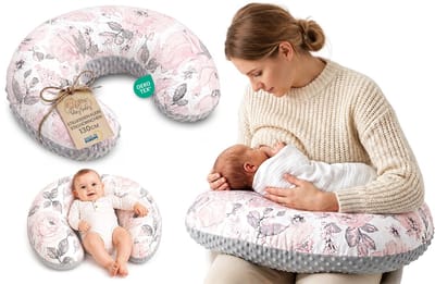 Voedingskussen baby 130 cm C-vorm borstvoedingskussen Nursing Pillow – afneembare Minky hoes ergonomisch wasbaar pasgeboren zacht ademend – OEKO-TEX gecertificeerd Wilde Roos Grijs