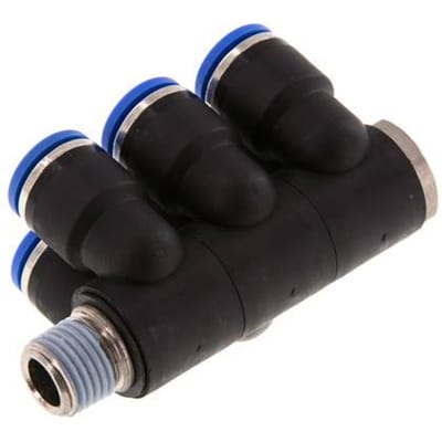 10mm x R1/4'' 6-way Manifold Messing/PA 66 Insteekfitting Buitendraad Draaibaar NBR