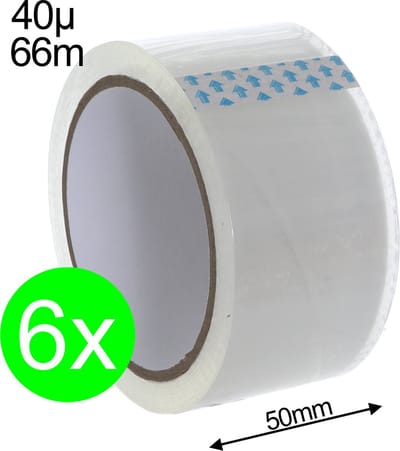 Set van 6 Rollen Plakband – 66m x 50mm x 40µ | Transparante Verpakkingstape