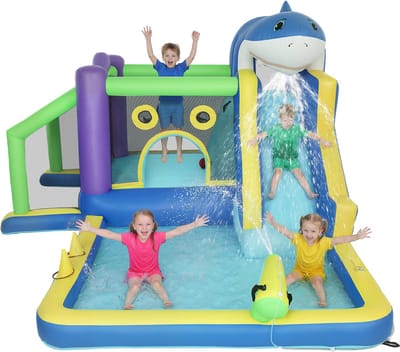 Opblaasbaar springkasteel 8-in-1 met haaiendesign, blower, glijbaan, kinderbadje en trampoline voor kinderen van 3-8 jaar, 405x345x235 cm, meerkleurig