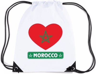 Marokko thema sporttas - nylon rijgkoord rugzak - wit met hartjes vlag print - supporters - 11 liter - 45 x 34 cm