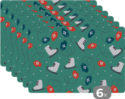 Placemat - Placemats kunststof - Schaatsen - Winter - Patronen - 45x30 cm - 6 stuks - Hittebestendig - Anti-Slip - Onderlegger - Afneembaar