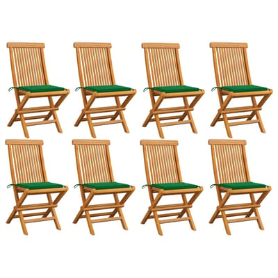 vidaXL - Opklapbare - stoelen - met - groene - kussens, - 8 - stuks, - massief - teakhout
